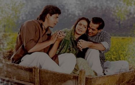 Shah Rukh Khan, Salman Khan and Rakhee in a still from Karan Arjun